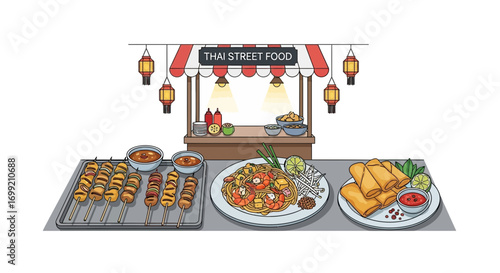 Vibrant showcase of thai street food delights served at a colorful stall