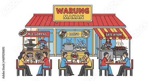 Vibrant street food scene with people enjoying culinary delights together