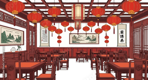 Vintage chinese restaurant featuring red lanterns and traditional decoration