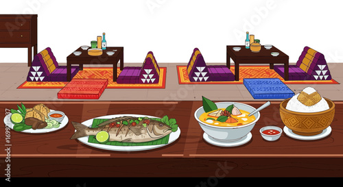 Vibrant thai cuisine and traditional seating arrangement illustration