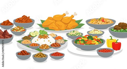 Whimsical arrangement of Indonesian rijsttafel, a feast of diverse dishes