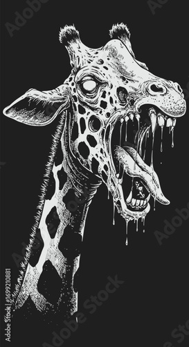 Decaying Giraffe Head Ghoulish Grin Monochrome Illustration.
