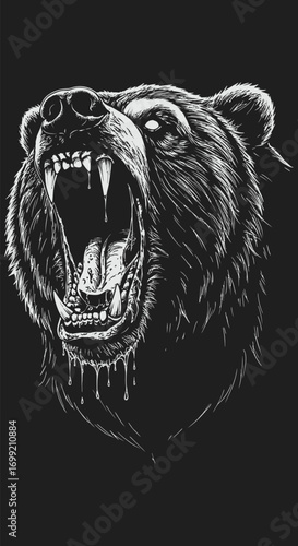 Ferocious Bear Head with Open Mouth and Sharp Teeth in White Outline.
