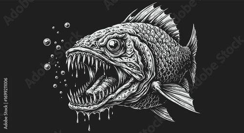 Monochrome Illustration of a Ferocious Fish with Dripping Jaws.