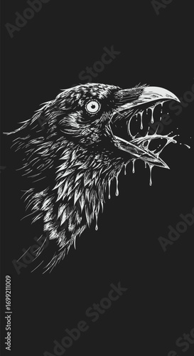 Ravens Bloodthirsty Portrait in Detailed Ink Art.