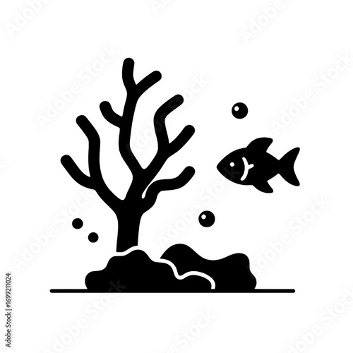 A simple glyph icon of an underwater scene with a fish and coral, a vector design template for marine life concepts