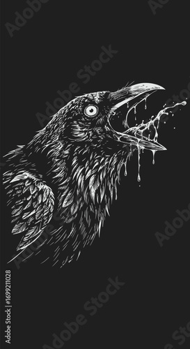 A Detailed Black and White Illustration of a Screaming Raven with Drool.