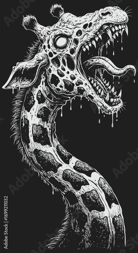 Grotesque Giraffe Head with Dripping Liquid and Sharp Teeth Illustration.