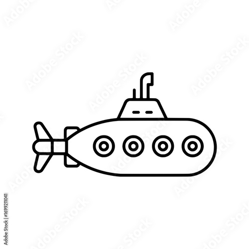 Simple submarine icon, a black and white line drawing of a vessel for underwater exploration
