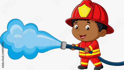 Cartoon vectoCartoon illustration of cute little firefighter boy in red uniform spraying water with hoser illustration o...