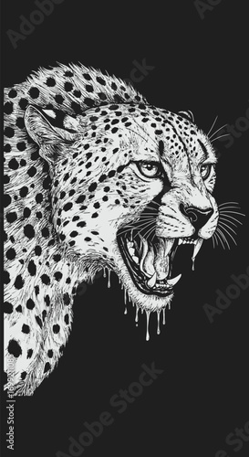Aggressive Cheetah Head Profile Ink Style Drooling Black Background.