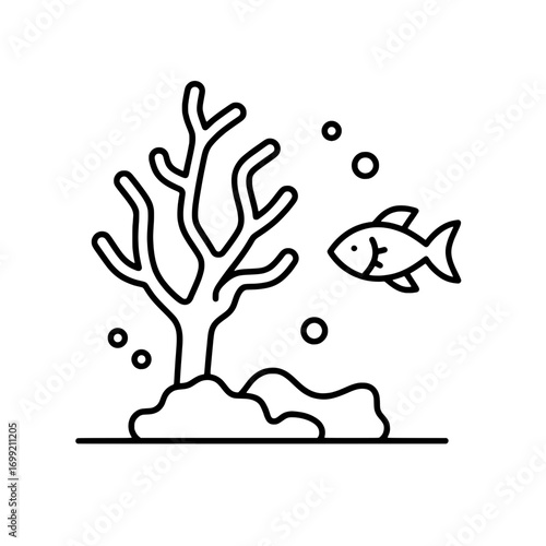 Simple outline icon of a fish and coral on the ocean floor, representing marine life and the underwater world