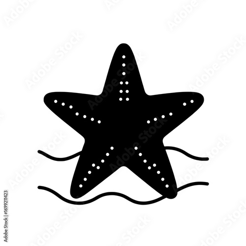 Simple black starfish icon with water waves, a flat vector graphic symbol for a marine life template