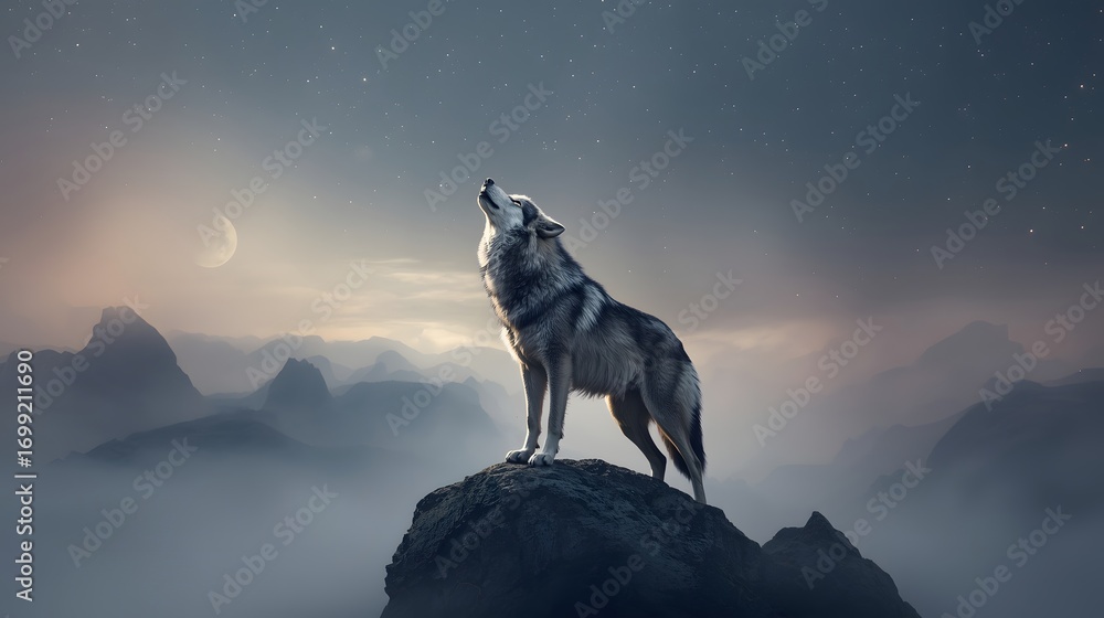 Naklejka premium Majestic wolf standing on rocky cliff howling at crescent moon in dramatic misty mountain night scene, wild animal in mystical atmosphere perfect for fantasy backdrop wallpaper