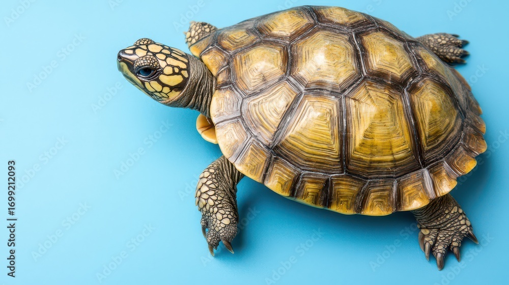 Fototapeta premium Close-Up of a Colorful Turtle on a Solid Blue Background