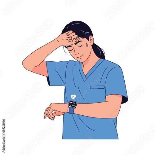 Exhausted female nurse in blue scrubs checking her smartwatch.