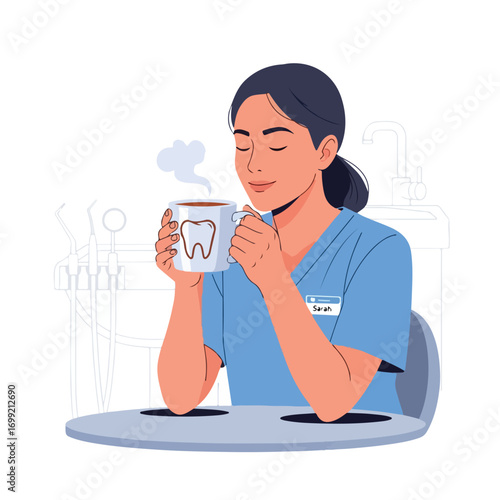 Female dental professional enjoying a relaxing coffee break.