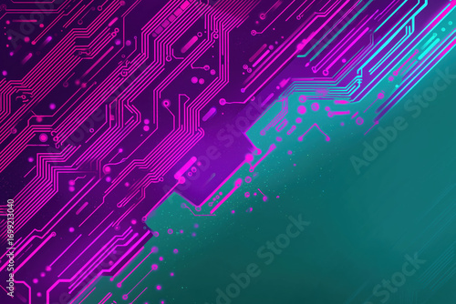 Retro neon circuit board splash in magenta, teal & purple with glowing edges, high contrast vaporwave tech aesthetic