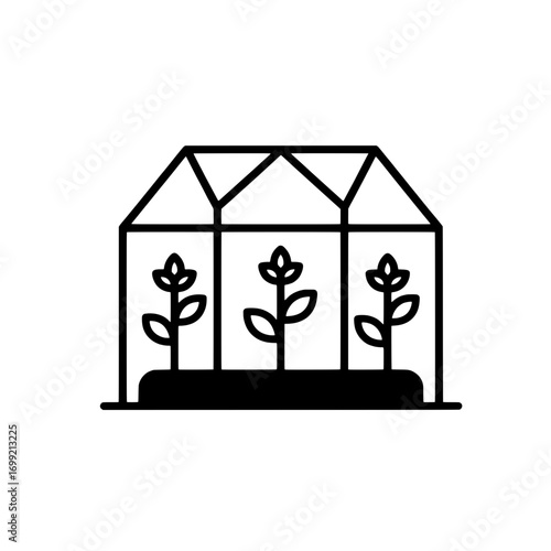 Elegant line art icon featuring a small greenhouse with thriving plants inside, representing concepts of cultivation, gardening, and sustainable agriculture