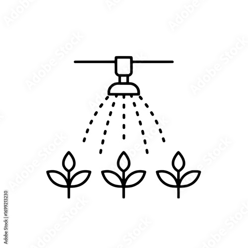 Automated irrigation system watering young plants, a minimalist agriculture technology line icon