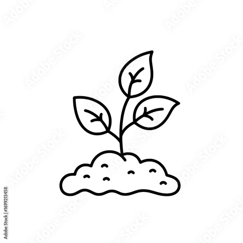 Minimalist line art icon of a small seedling sprouting from soil, symbolizing new life, growth, and nature