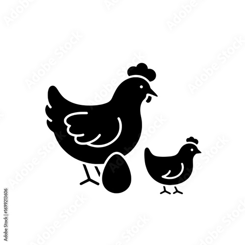 Vector icon depicting a charming black silhouette of a mother hen, a small chick, and a single egg, symbolizing farm life and family