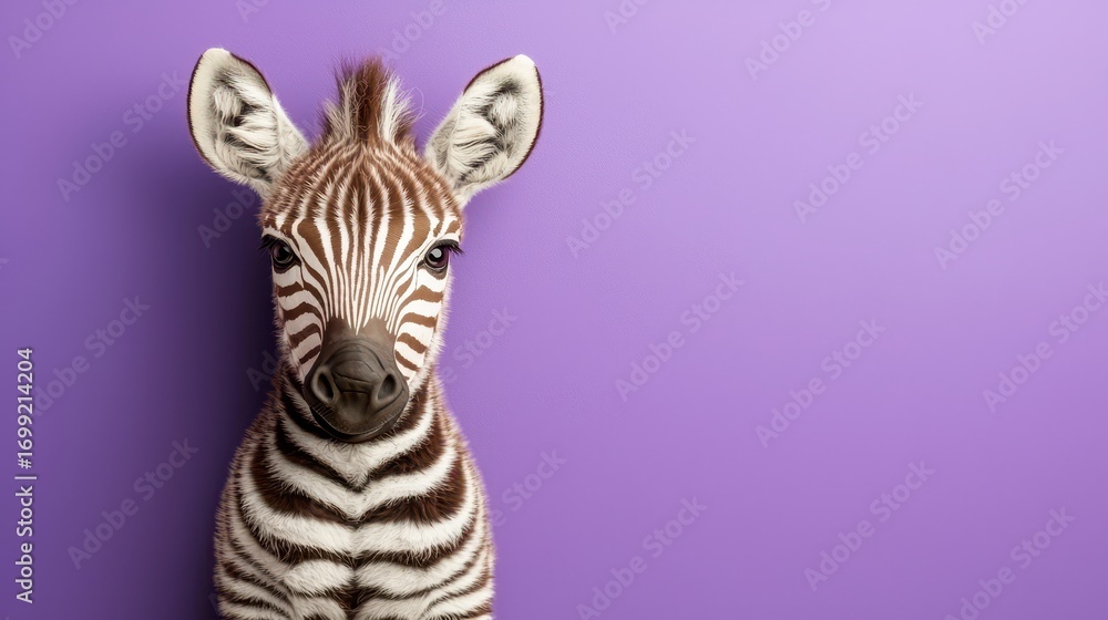Fototapeta premium Young Zebra Portrait against a Purple Background in Studio Setting