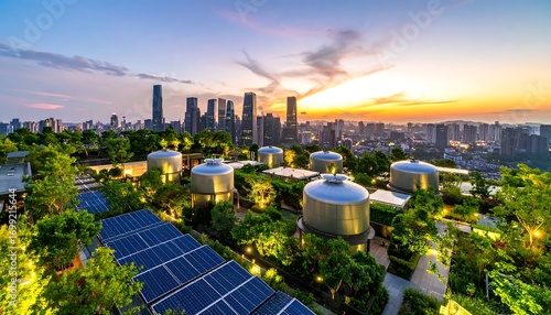 Rooftop gardens and solar panels on a city skyline at sunset