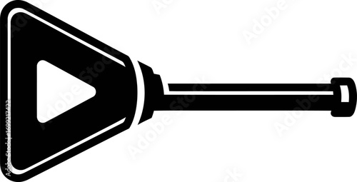 A stylized black shovel or spade icon with a triangular head and a play button-like cutout.