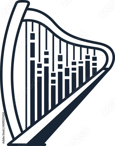 A stylized black line art illustration of a harp with its strings depicted as a graphic audio equalizer.