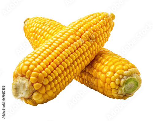 Two crossed ears of bright yellow corn.  Close-up, isolated on black.  Kernels are densely packed.  Slight fuzziness near the cob ends