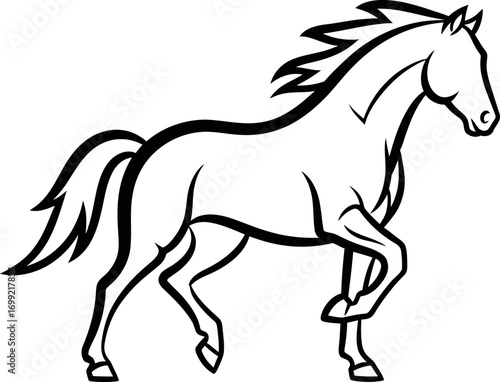 A stylized black and white line art illustration of a strong horse trotting in profile.