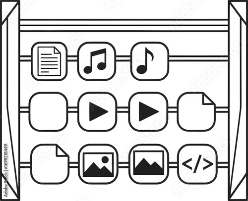 A modern abacus with digital icons for calculating and organizing media, files, and data.