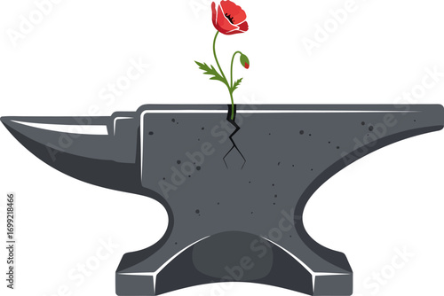 A delicate red poppy flower with a green stem and bud grows out of a crack in a heavy metal anvil.