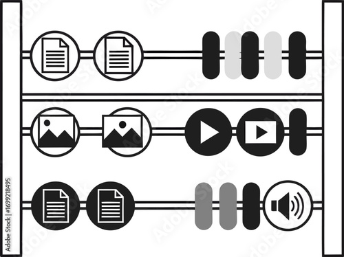 A modern abacus with digital media icons representing data management, content organization, and information calculation.