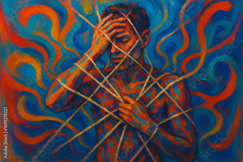 Person Trapped in Social Judgment Abstract Painting with Vibrant Colors and Thick Contemporary Texture