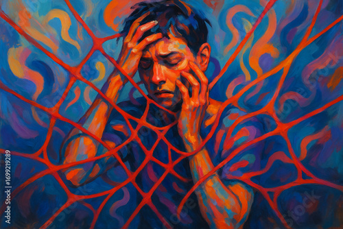 Person Trapped in Social Judgment Abstract Painting with Vibrant Colors and Thick Contemporary Texture