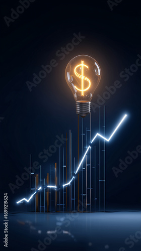 Lightbulb with dollar sign and rising graph on a dark blue background art