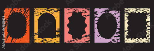 Colorful grunge frames with cutout shapes. Distressed rectangular frames  with various inner cutout shapes, ideal for creative backgrounds or retro design. Crayon drawn fun scallop border frame.