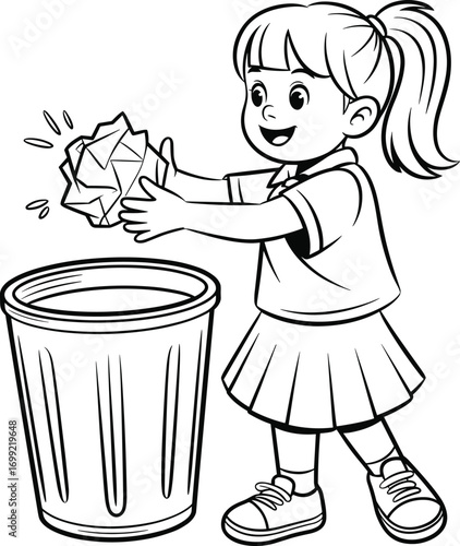 Cute girl throwing crumpled paper in bin, promoting cleanliness, eco awareness, recycling habits, waste management, children educational coloring page, line art