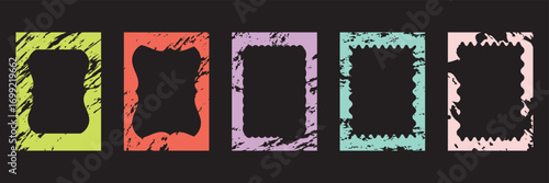 Colorful grunge frames with cutout shapes. Distressed rectangular frames  with various inner cutout shapes, ideal for creative backgrounds or retro design. Crayon drawn fun scallop border frame.