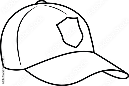 Outline Drawing of Baseball Cap with Badge, Black and White Hat Illustration for Coloring Book, Vector Cap Design, Isolated Clipart