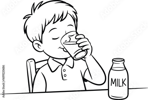 Cartoon boy drinking milk at table, healthy breakfast habit, child enjoying dairy beverage, kid nutrition concept, glass of milk illustration