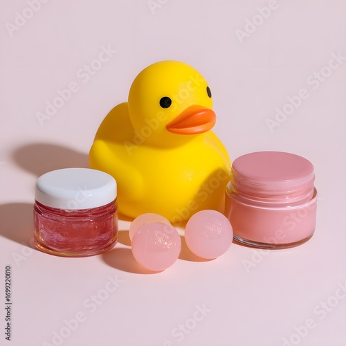 A vibrant yellow rubber duck with pink cosmetic creams body scrub and shimmering bath pearls.