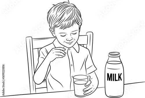 Happy young boy drinking milk at kitchen table, healthy breakfast concept, child enjoying dairy drink, nutrition and wellness illustration