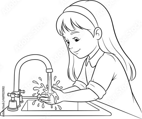 Black and white line art illustration of a young girl washing hands at sink, promoting hygiene, cleanliness, water splash, child care, healthy habit, coloring page.
