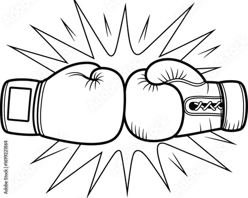 Two boxing gloves clashing together, sports equipment impact, fight competition illustration, power collision, black and white line art, energetic action concept.