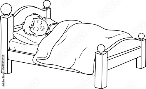 Little boy sleeping in cozy bed, peaceful child resting under blanket, night time rest, bedtime cartoon line drawing, cute sleep illustration.