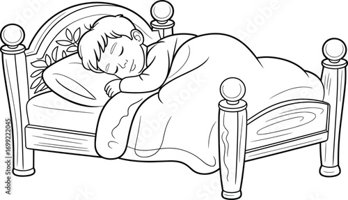 Cute boy sleeping peacefully in bed, child resting under blanket, night time sleep, bedtime cartoon illustration, cozy room line art drawing.