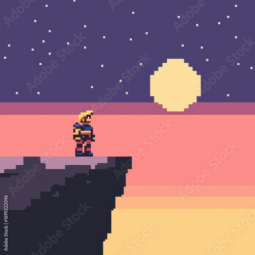 Pixel Art Character Standing on Cliff Against Sunset Background